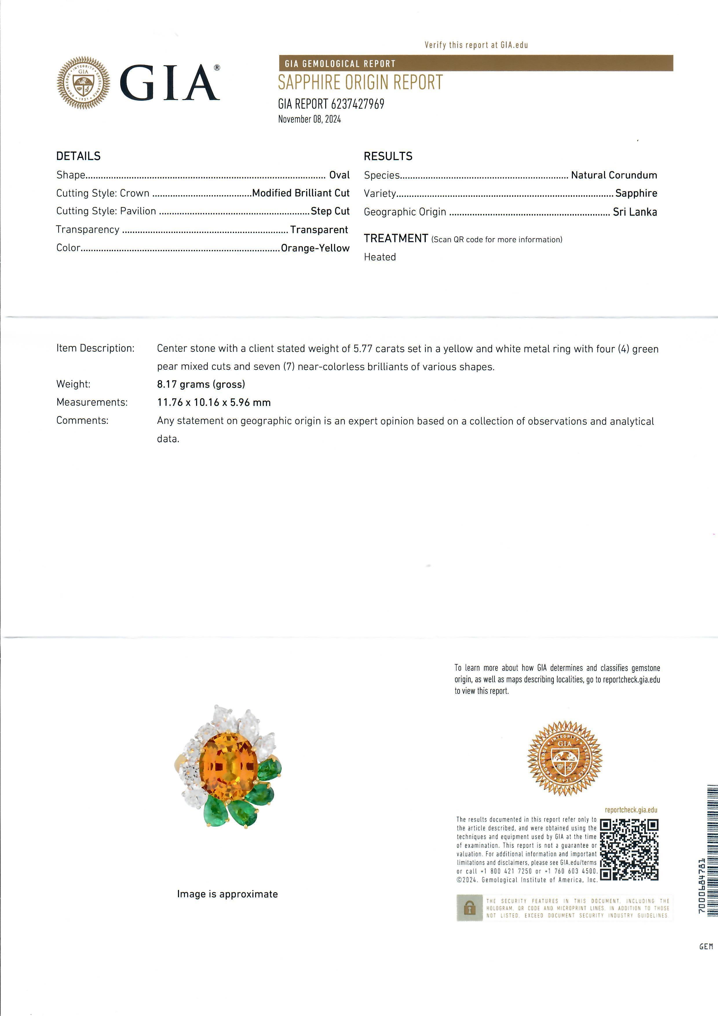 Oval Cut 18k Gold Platinum GIA 8.89ctw Orangy Yellow Sapphire Emerald & Diamond Ring For Sale