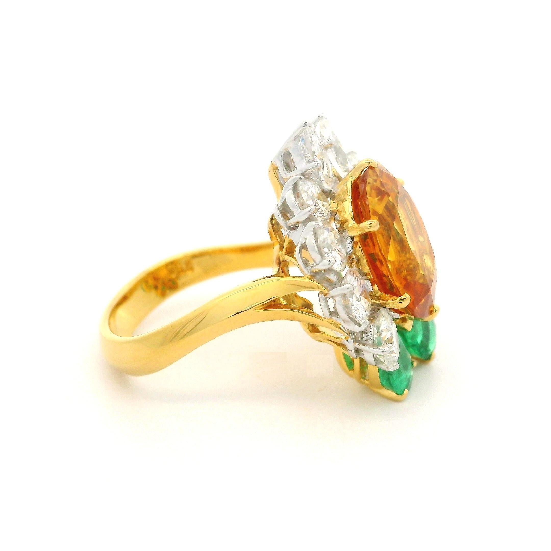 Women's 18k Gold Platinum GIA 8.89ctw Orangy Yellow Sapphire Emerald & Diamond Ring For Sale