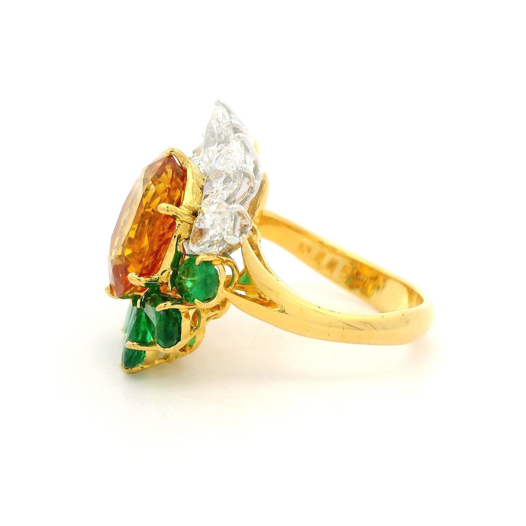 18k Gold Platinum GIA 8.89ctw Orangy Yellow Sapphire Emerald & Diamond Ring For Sale 1