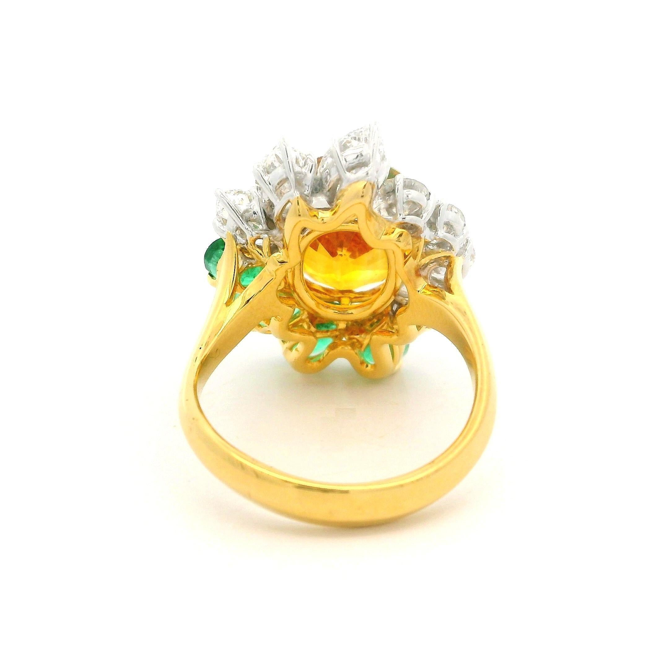 18k Gold Platinum GIA 8.89ctw Orangy Yellow Sapphire Emerald & Diamond Ring For Sale 2