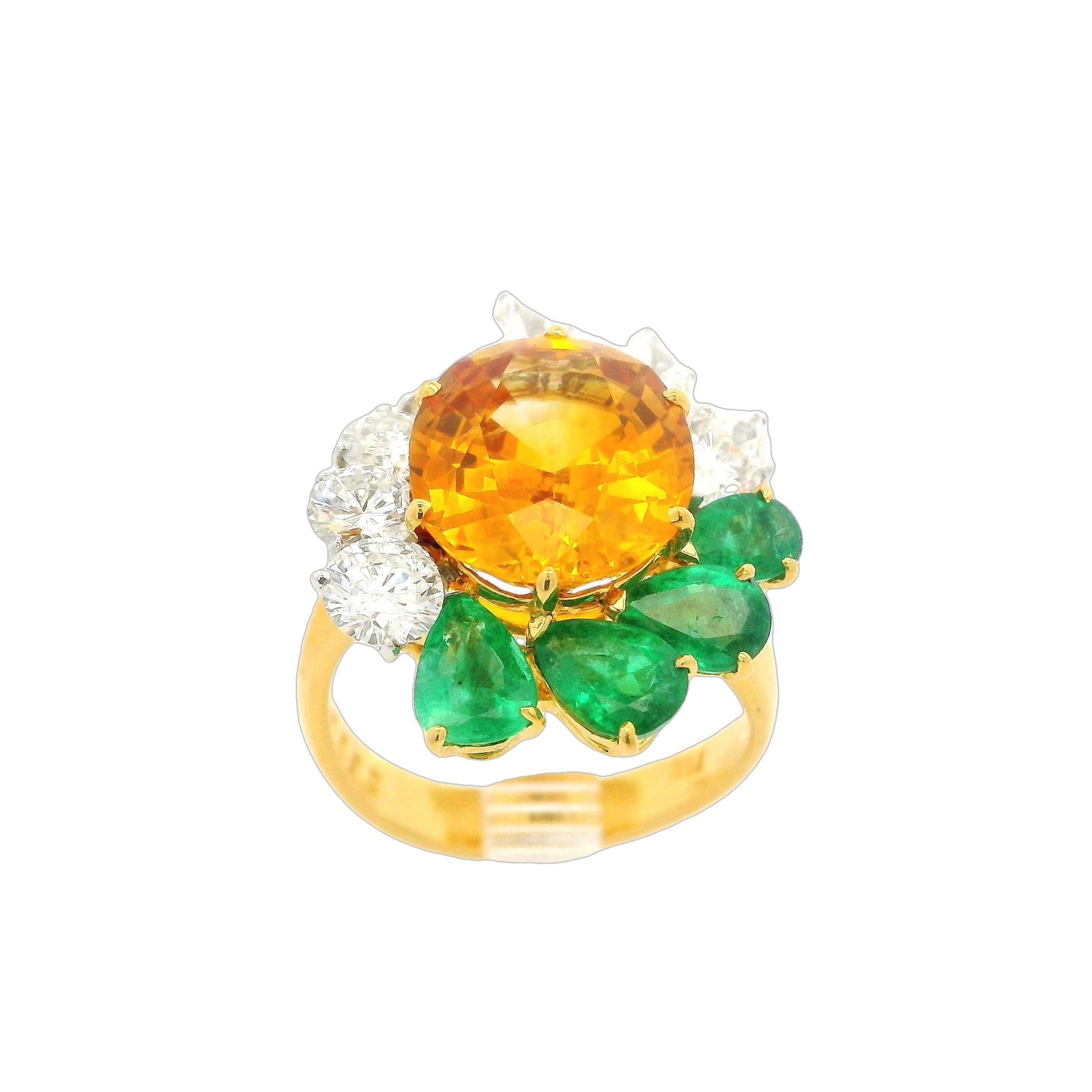 18k Gold Platinum GIA 8.89ctw Orangy Yellow Sapphire Emerald & Diamond Ring For Sale 3