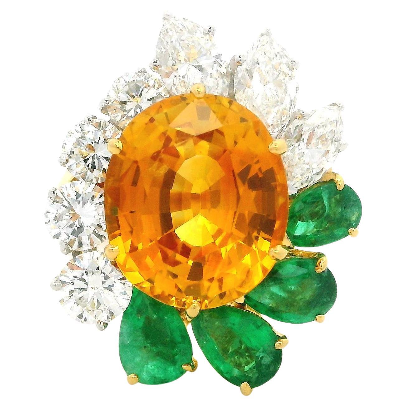 18k Gold Platinum GIA 8.89ctw Orangy Yellow Sapphire Emerald & Diamond Ring
