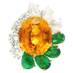 18k Gold Platinum GIA 8.89ctw Orangy Yellow Sapphire Emerald & Diamond Ring