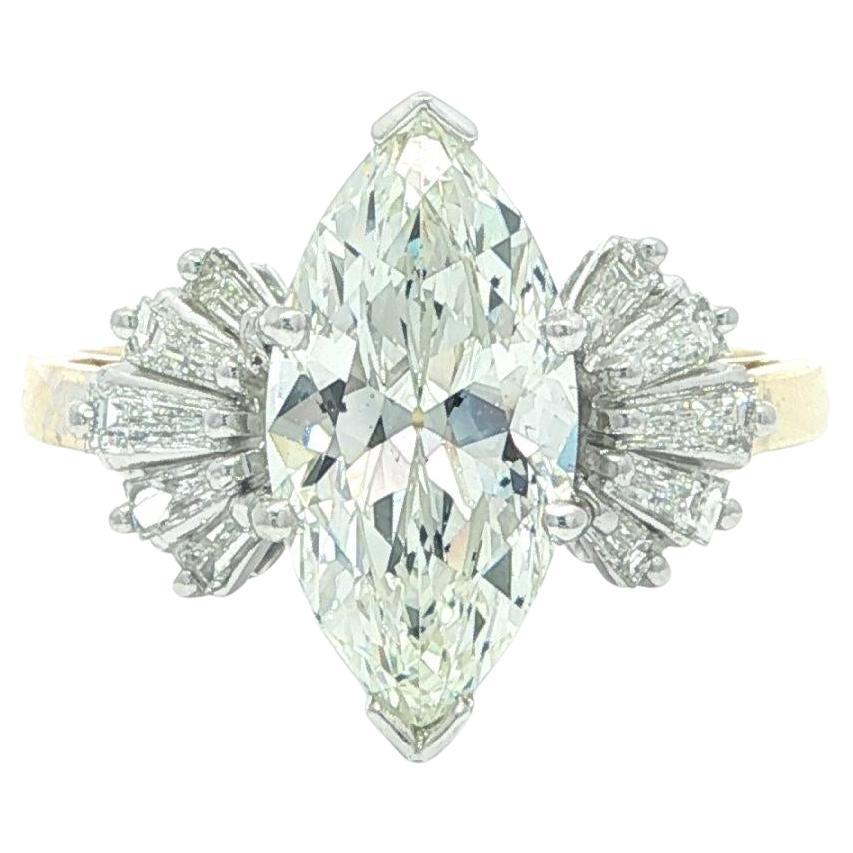 18k Gold Platinum Large 3.02ctw GIA Marquise Diamond Flared Baguette Sides Ring For Sale