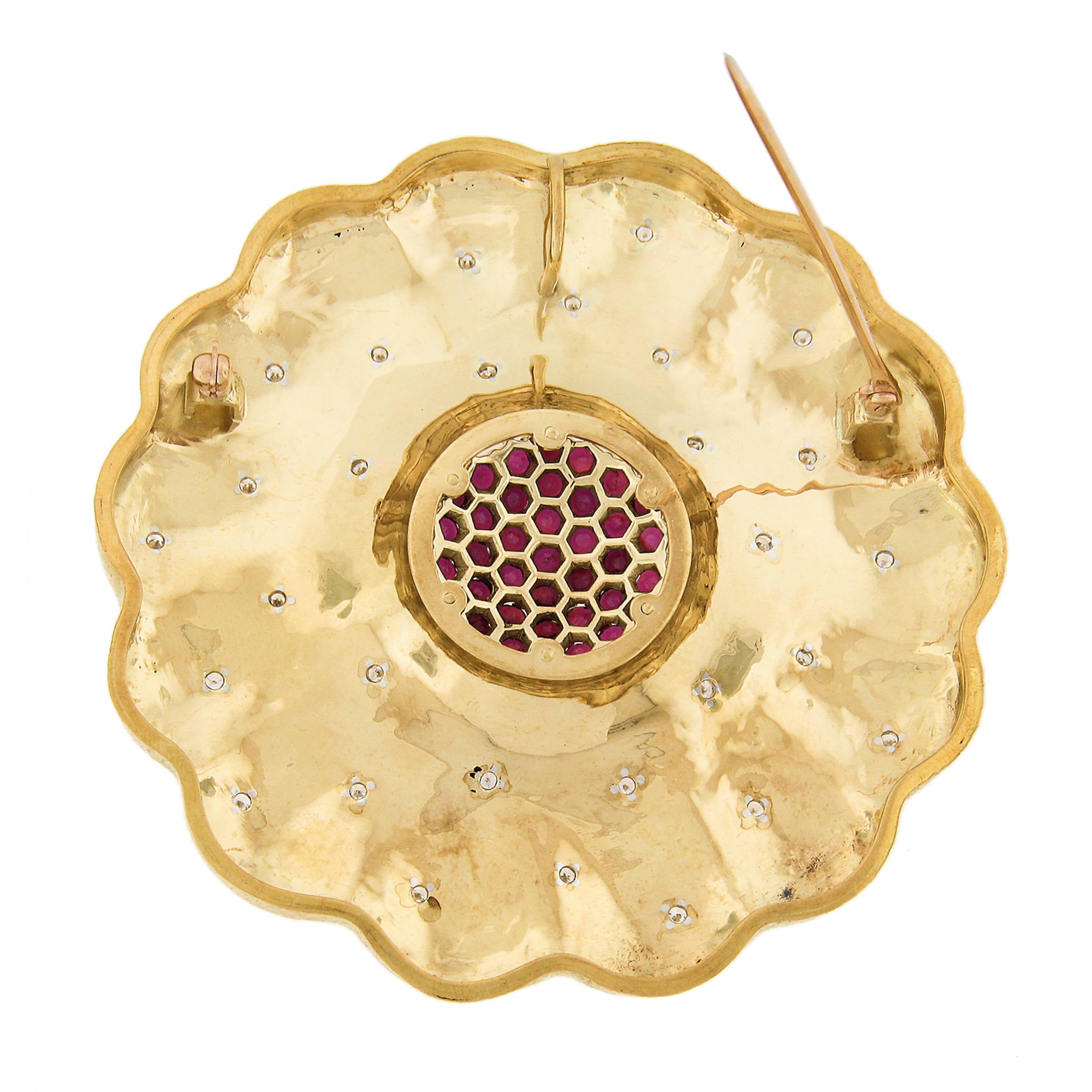 18k Gold & Platinum Ruby & Diamond Hammered Textured Large Flower Pendant Brooch In Excellent Condition For Sale In Montclair, NJ