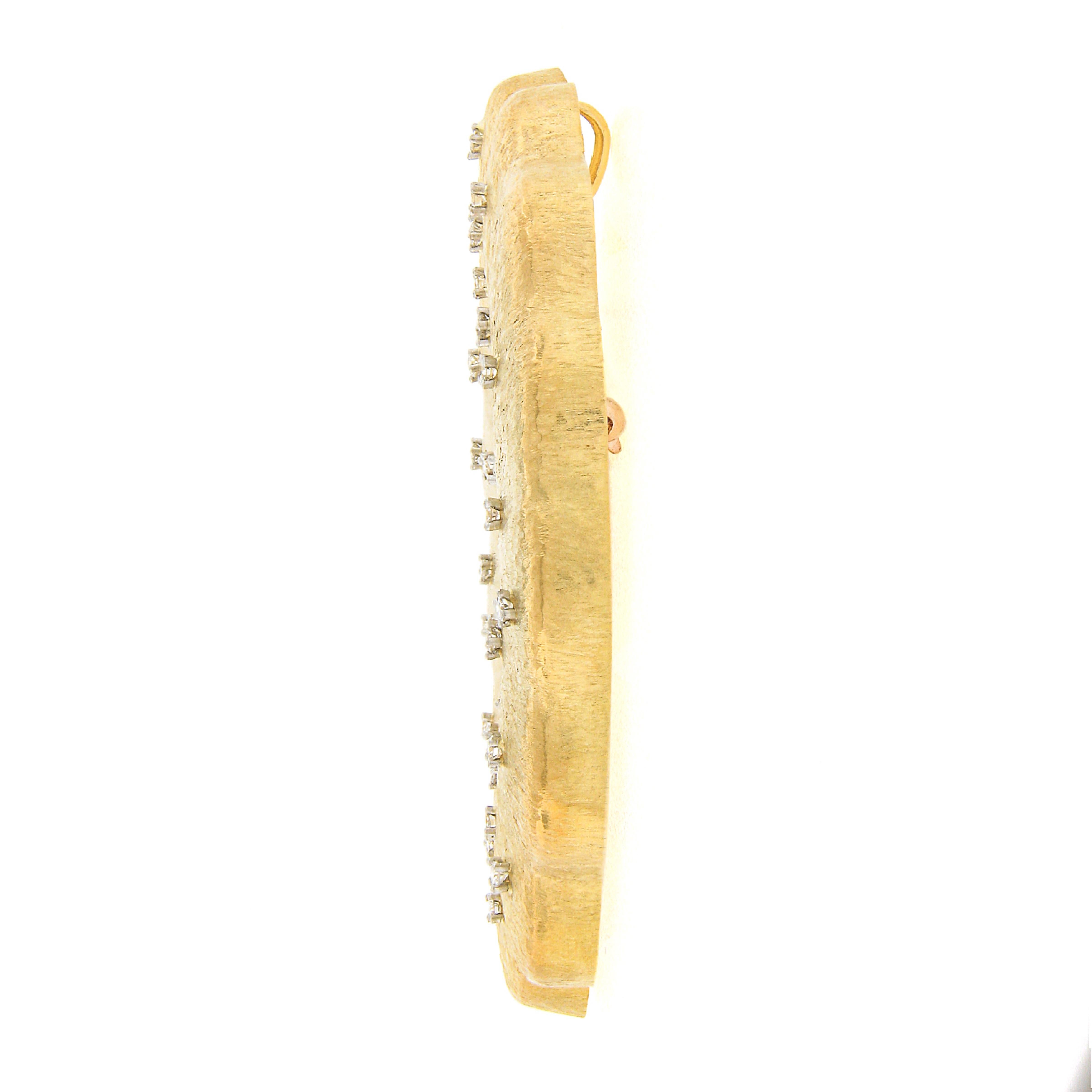 Women's or Men's 18k Gold & Platinum Ruby & Diamond Hammered Textured Large Flower Pendant Brooch For Sale