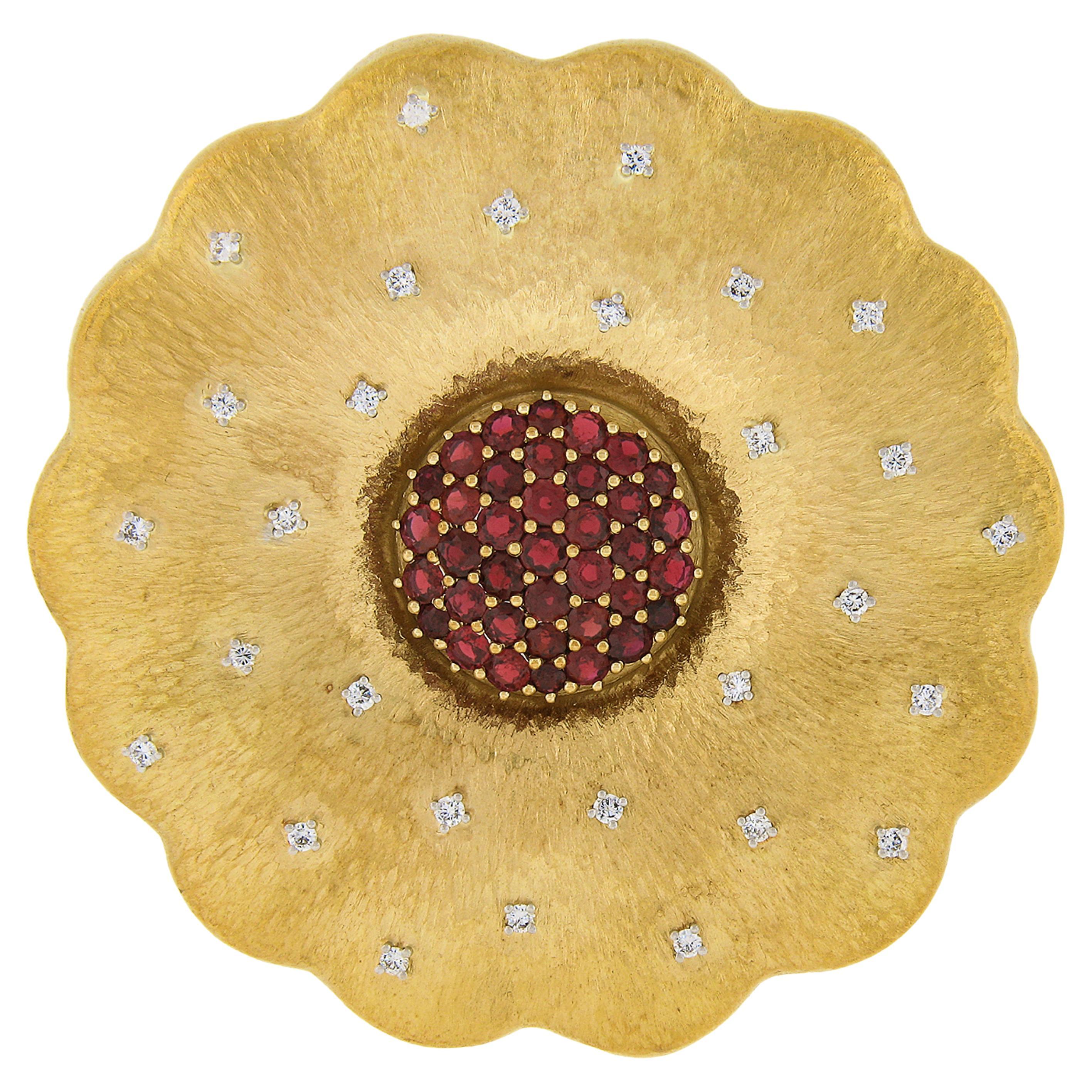 18k Gold & Platinum Ruby & Diamond Hammered Textured Large Flower Pendant Brooch For Sale