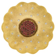 18k Gold & Platinum Ruby & Diamond Hammered Textured Large Flower Pendant Brooch
