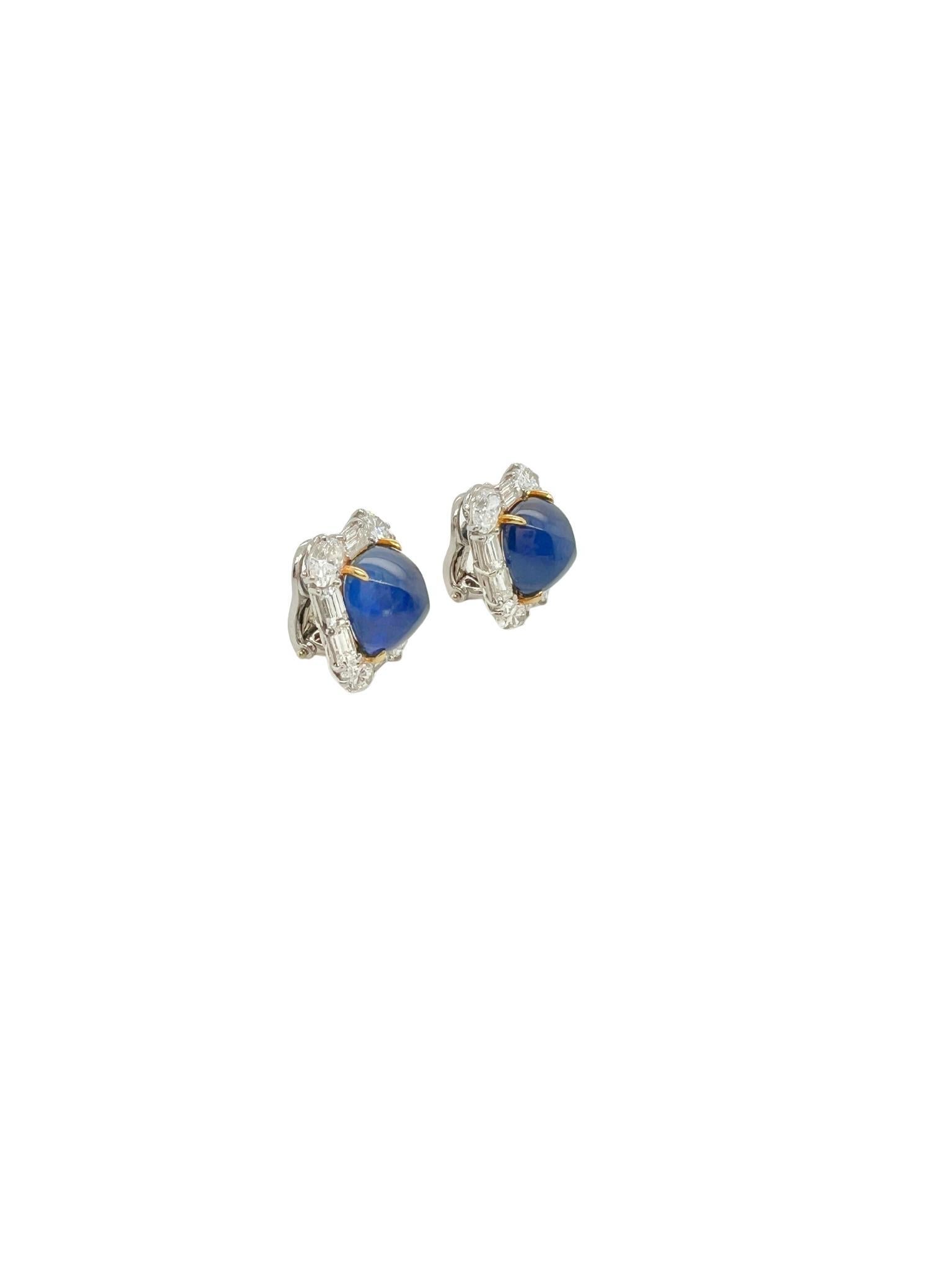 Taille cabochon Boucles d'oreilles en or 18k, platine, saphir, diamant en vente