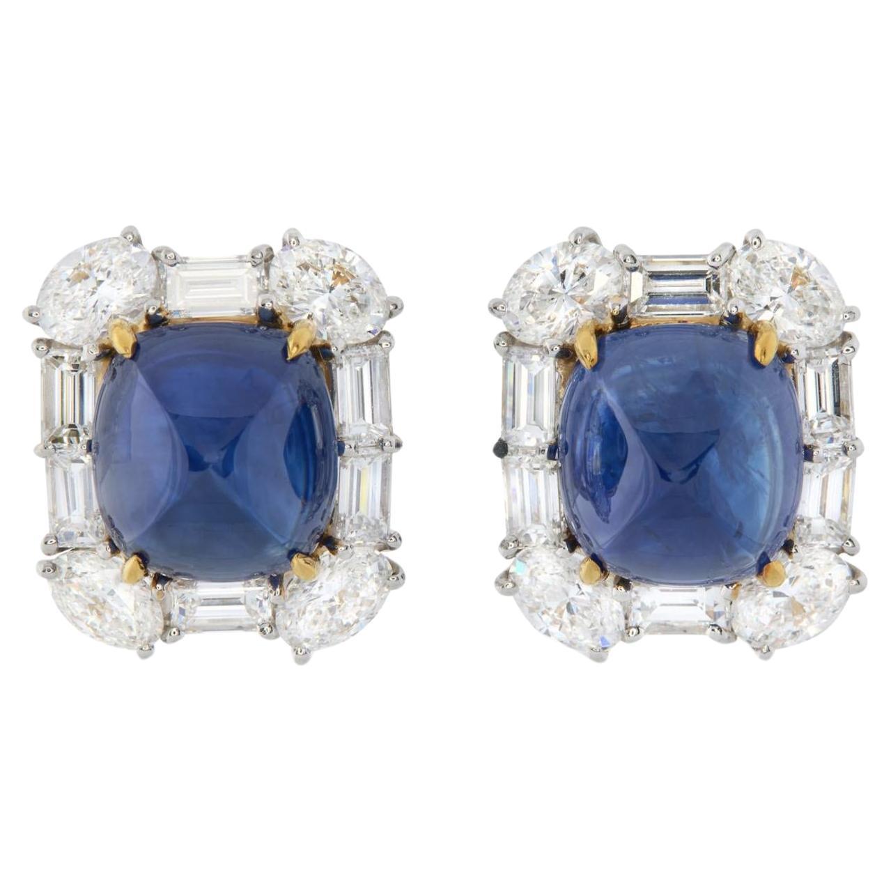 Boucles d'oreilles en or 18k, platine, saphir, diamant en vente