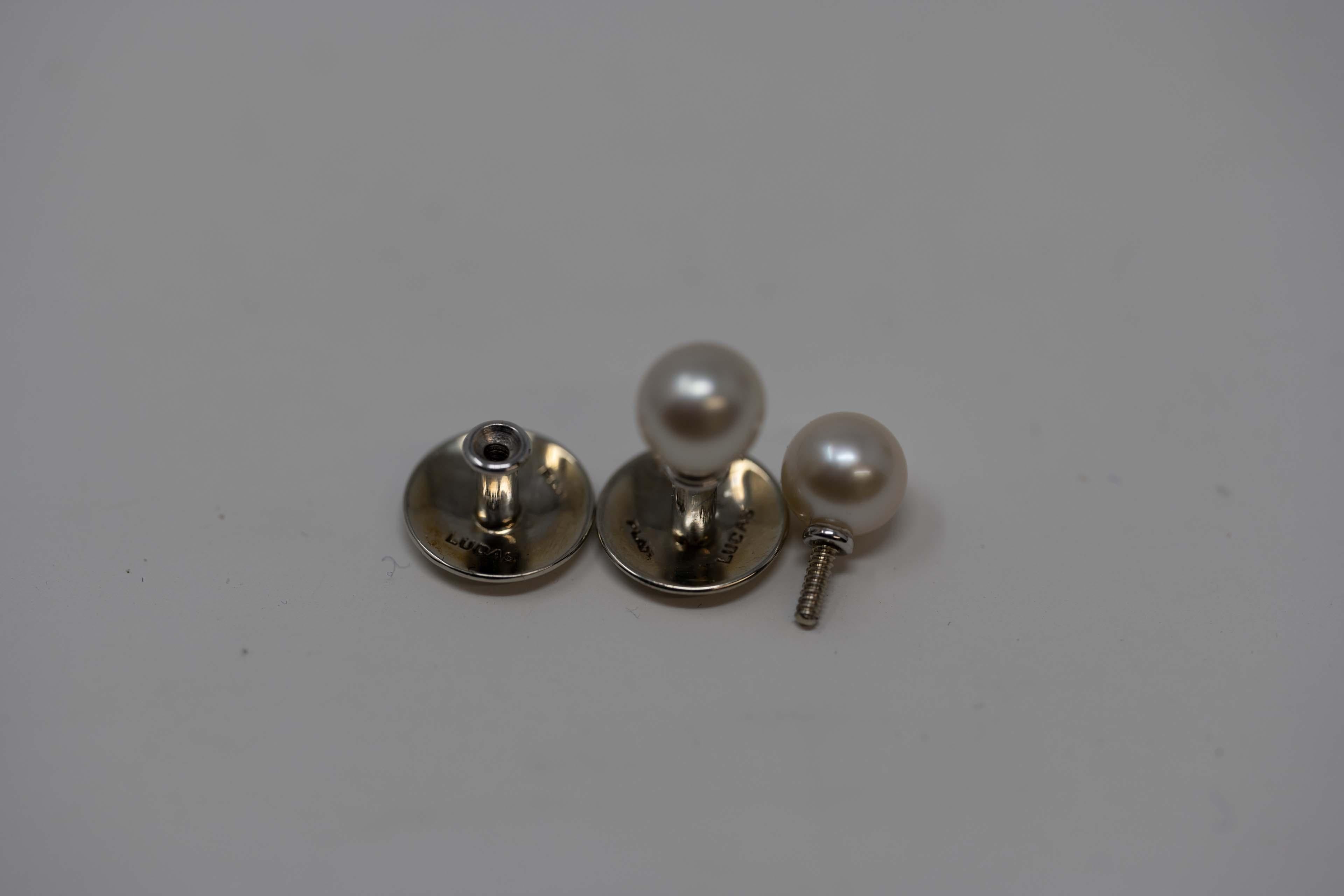 Women's 18k Gold & Platinum Studs Pearl Earrings by Gabriel Lucas, Montreal For Sale