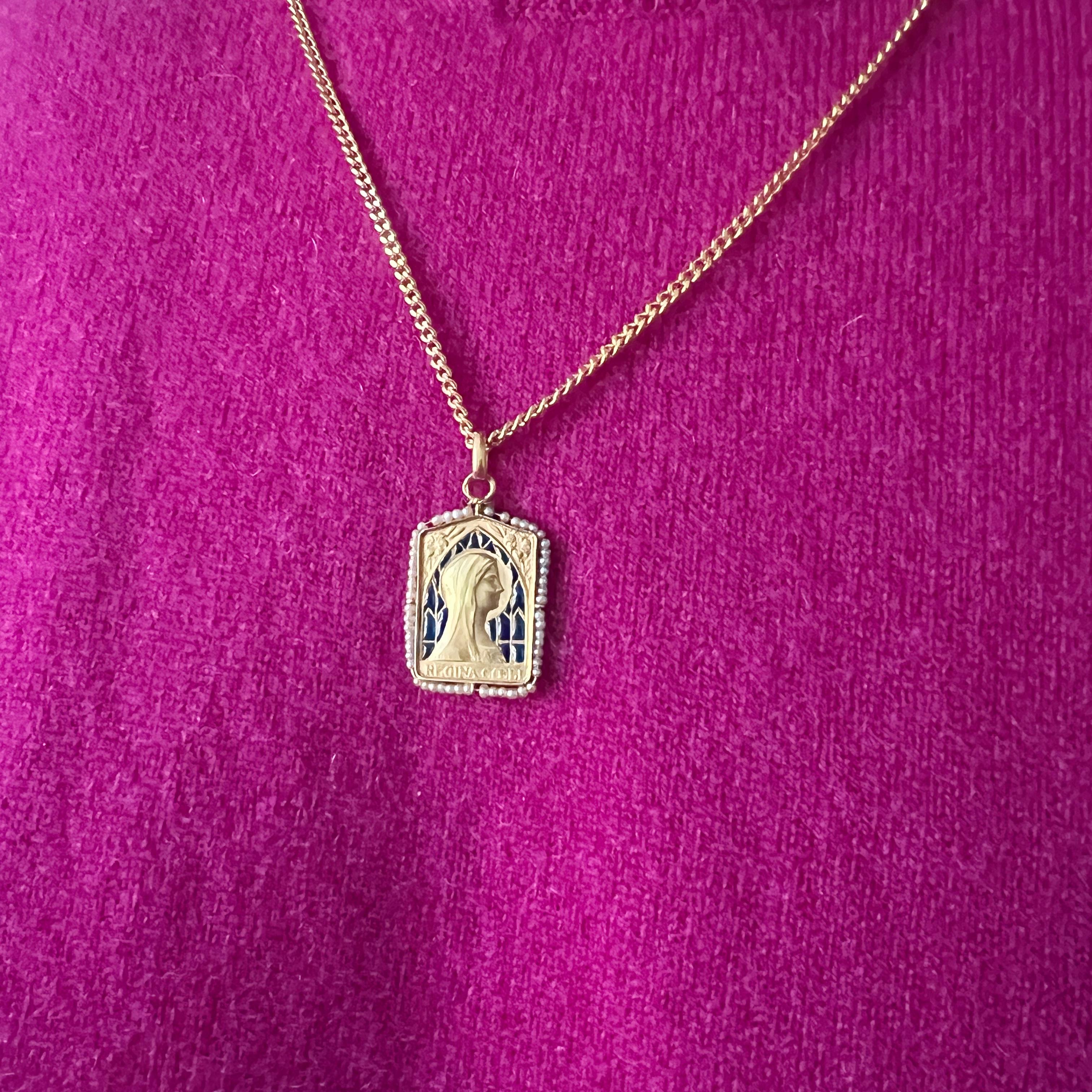 18K gold plique à jour enamel natural pearl Virgin Mary medal pendant 4