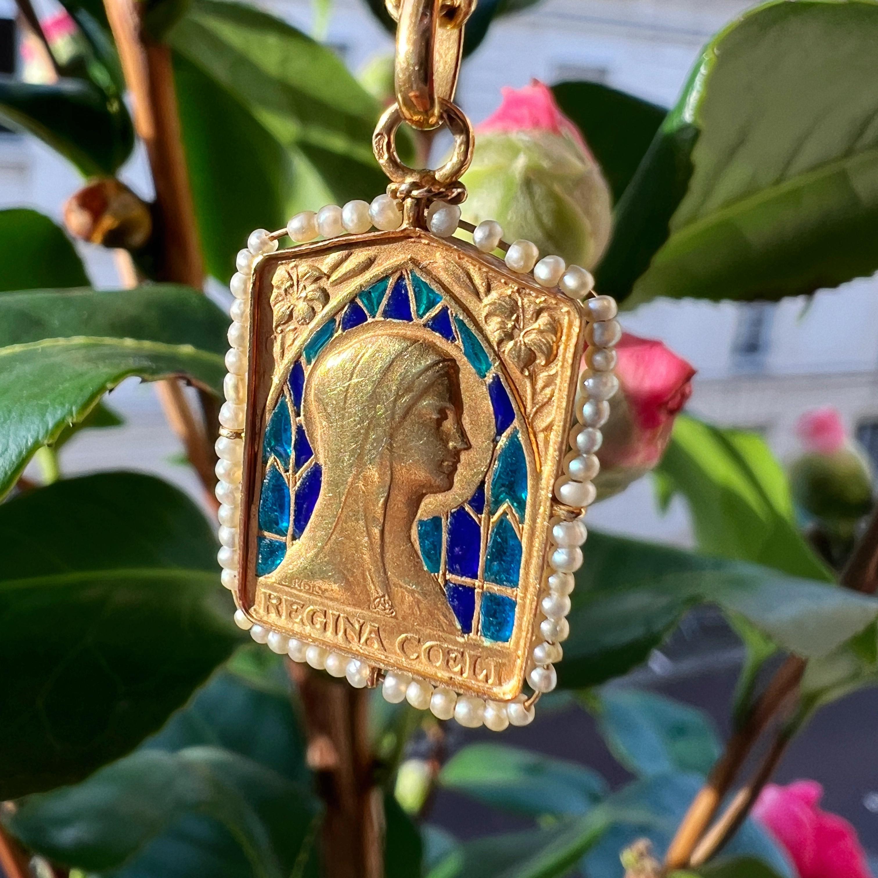 Art Deco 18K gold plique à jour enamel natural pearl Virgin Mary medal pendant