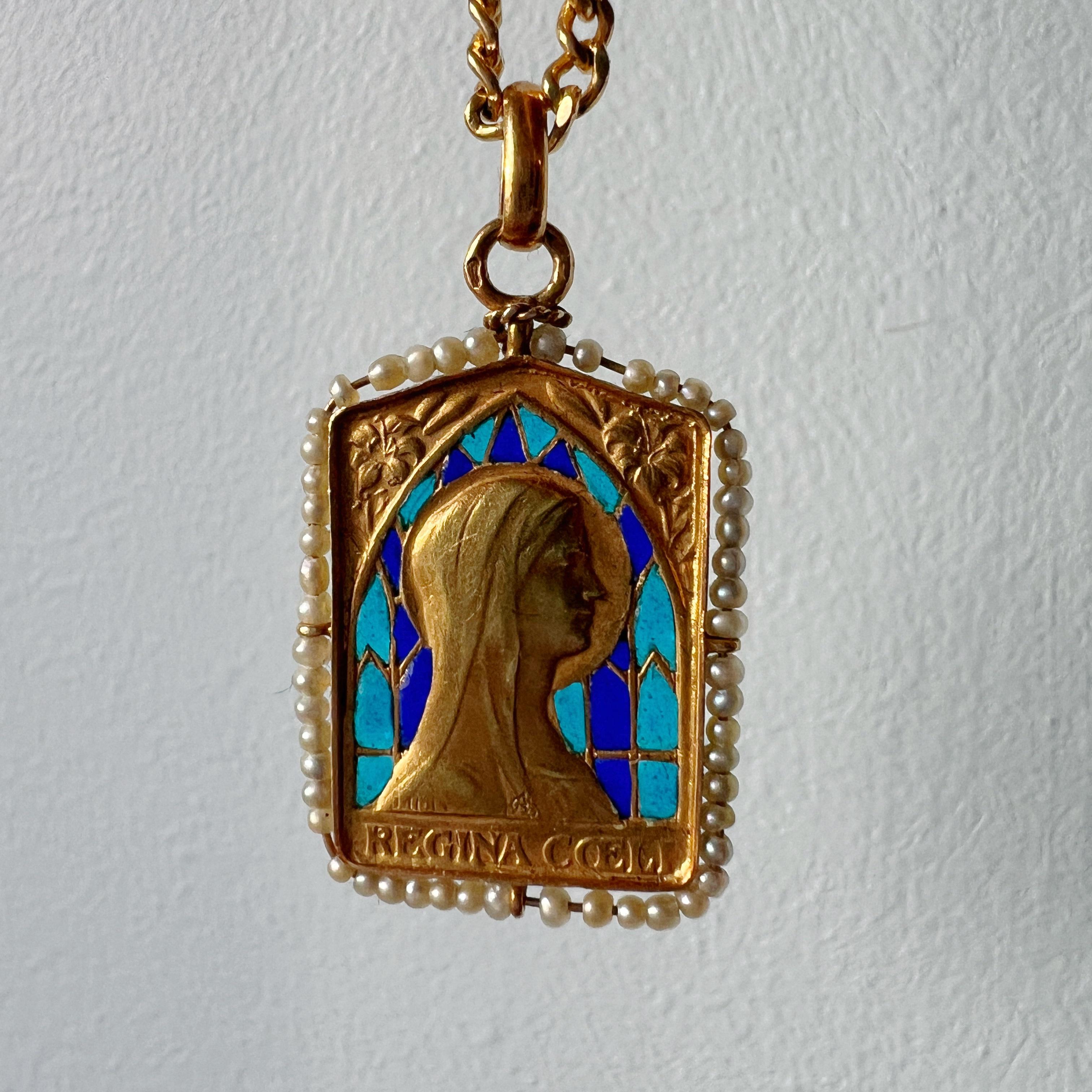 Bead 18K gold plique à jour enamel natural pearl Virgin Mary medal pendant