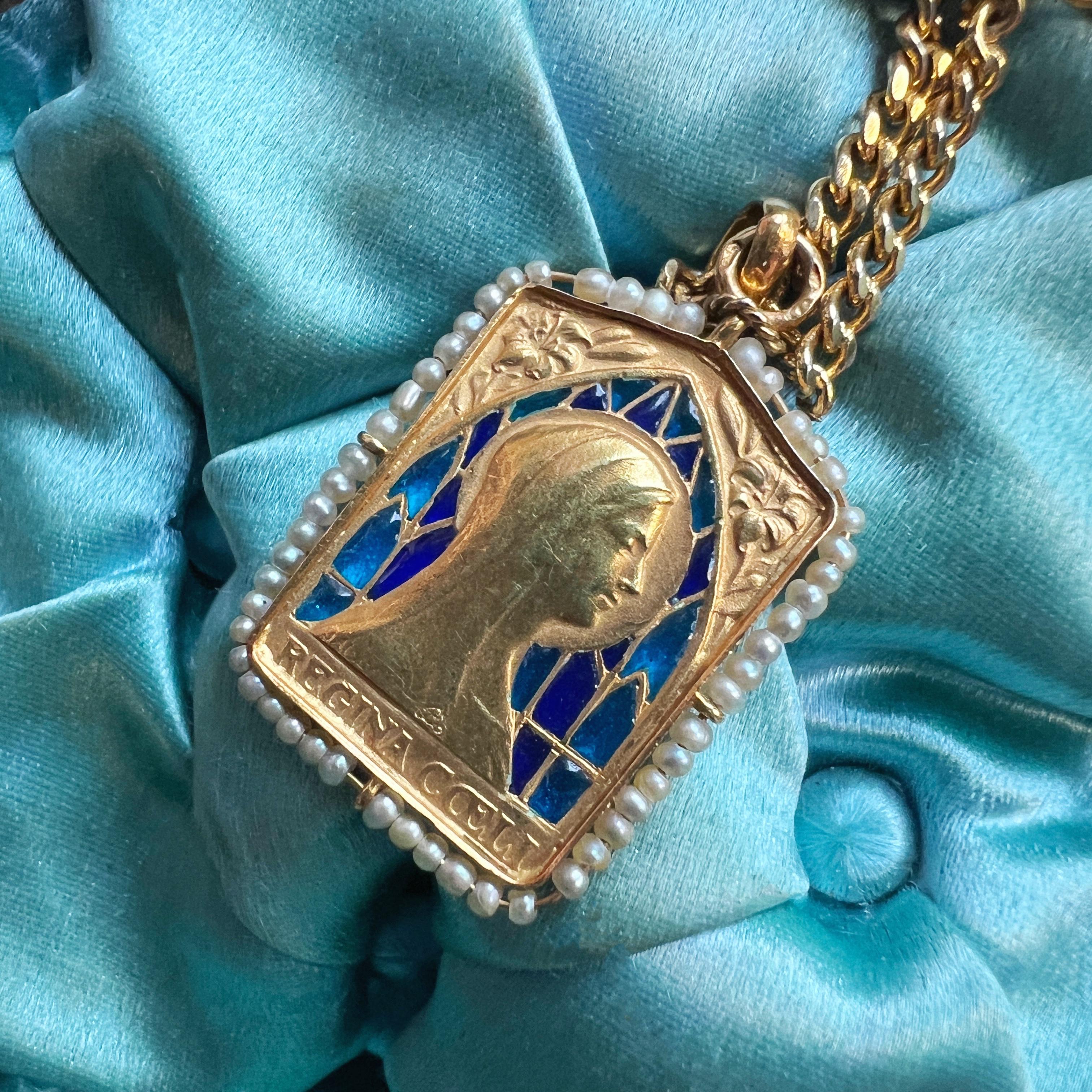 Women's or Men's 18K gold plique à jour enamel natural pearl Virgin Mary medal pendant