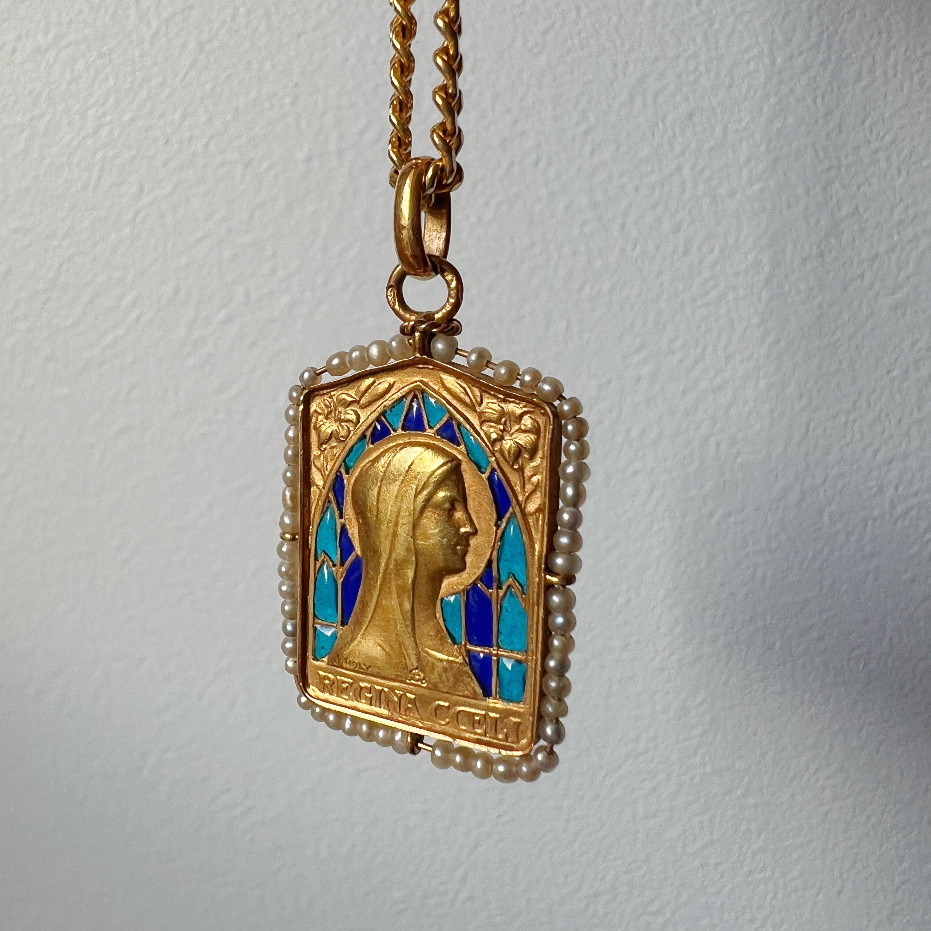 18K gold plique à jour enamel natural pearl Virgin Mary medal pendant 1