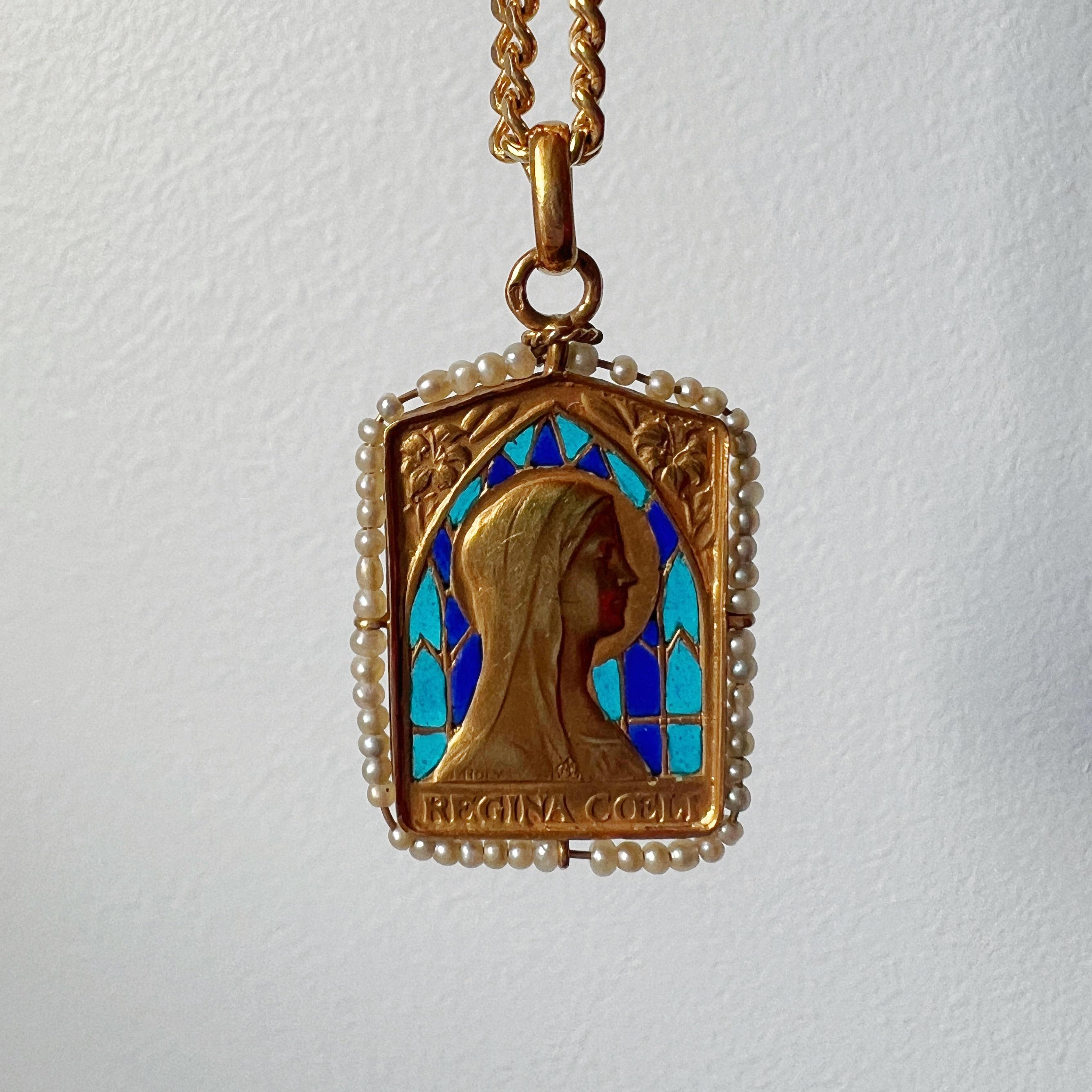 18K gold plique à jour enamel natural pearl Virgin Mary medal pendant 2