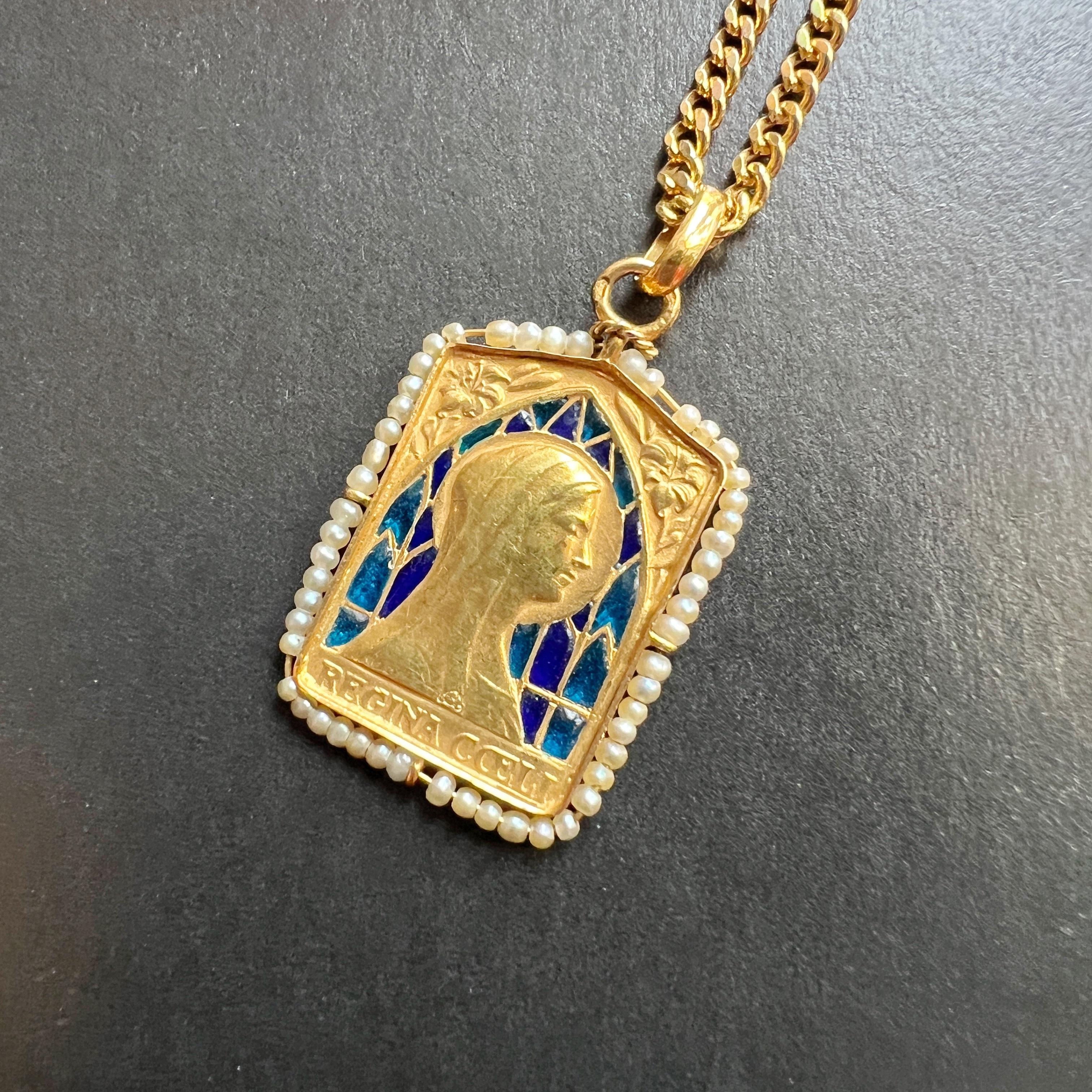18K gold plique à jour enamel natural pearl Virgin Mary medal pendant 3