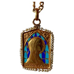 18K gold plique à jour enamel natural pearl Virgin Mary medal pendant