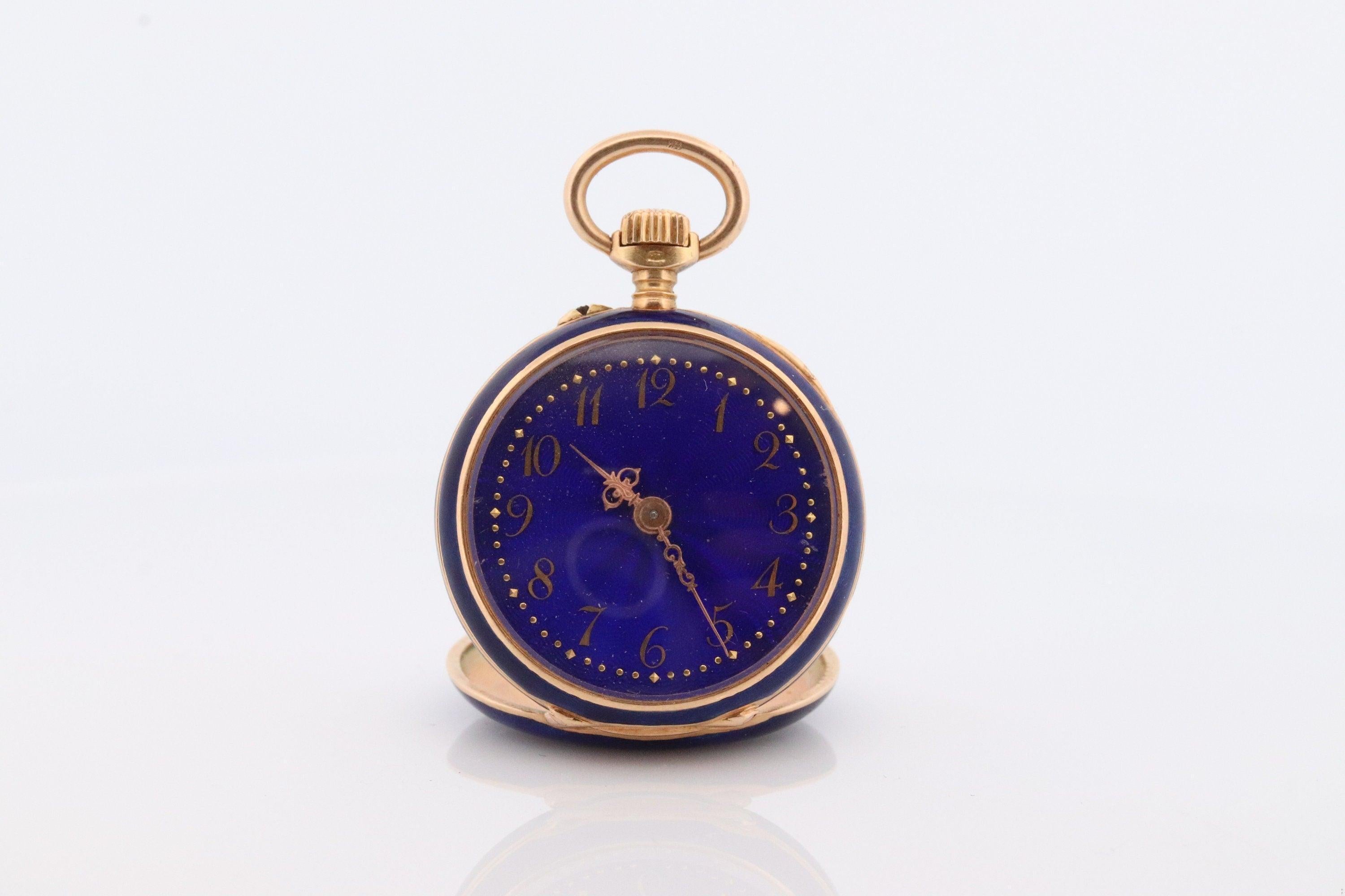 Antique Pocket watch.
18k Yellow Gold Hunter case.
Deep Blue enamel.
Rose cut diamond set in a Fleur de Lis style
Movement is POSSIBLE Patek Phillipe. Unmarked. High Class movement before 1900s.

-Patek Phillipe did make movements that were