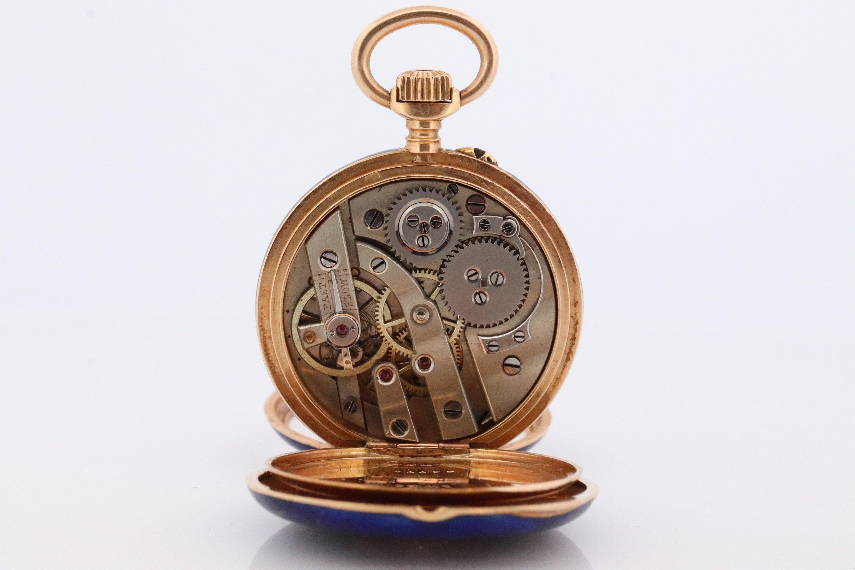 Art Nouveau 18k Gold Pocket Watch. Antique Blue enamel rose cut diamonds. Fleur de Lis WORKS