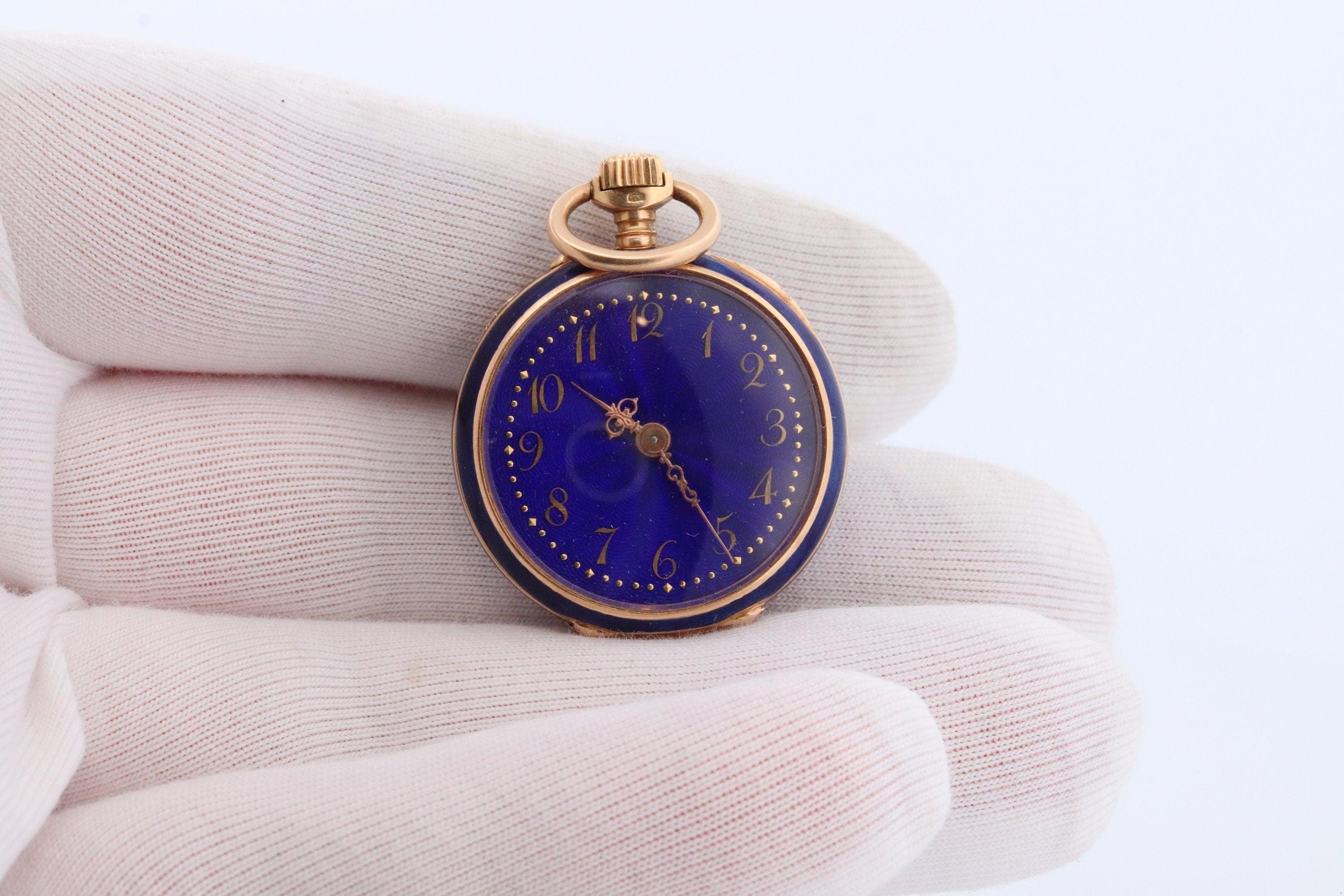 Rose Cut 18k Gold Pocket Watch. Antique Blue enamel rose cut diamonds. Fleur de Lis WORKS