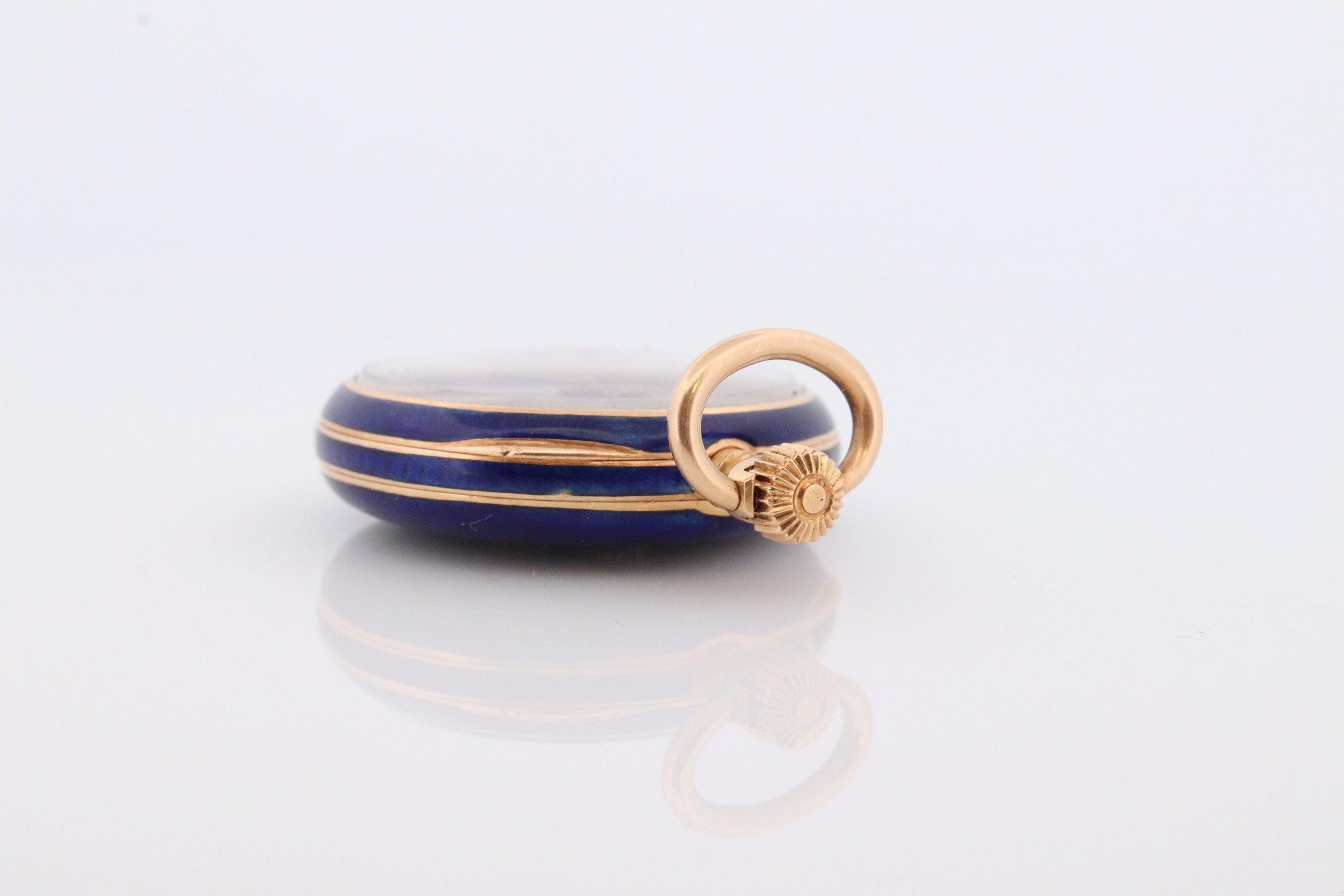 18k Gold Pocket Watch. Antique Blue enamel rose cut diamonds. Fleur de Lis WORKS In Good Condition In Port Charlotte, FL