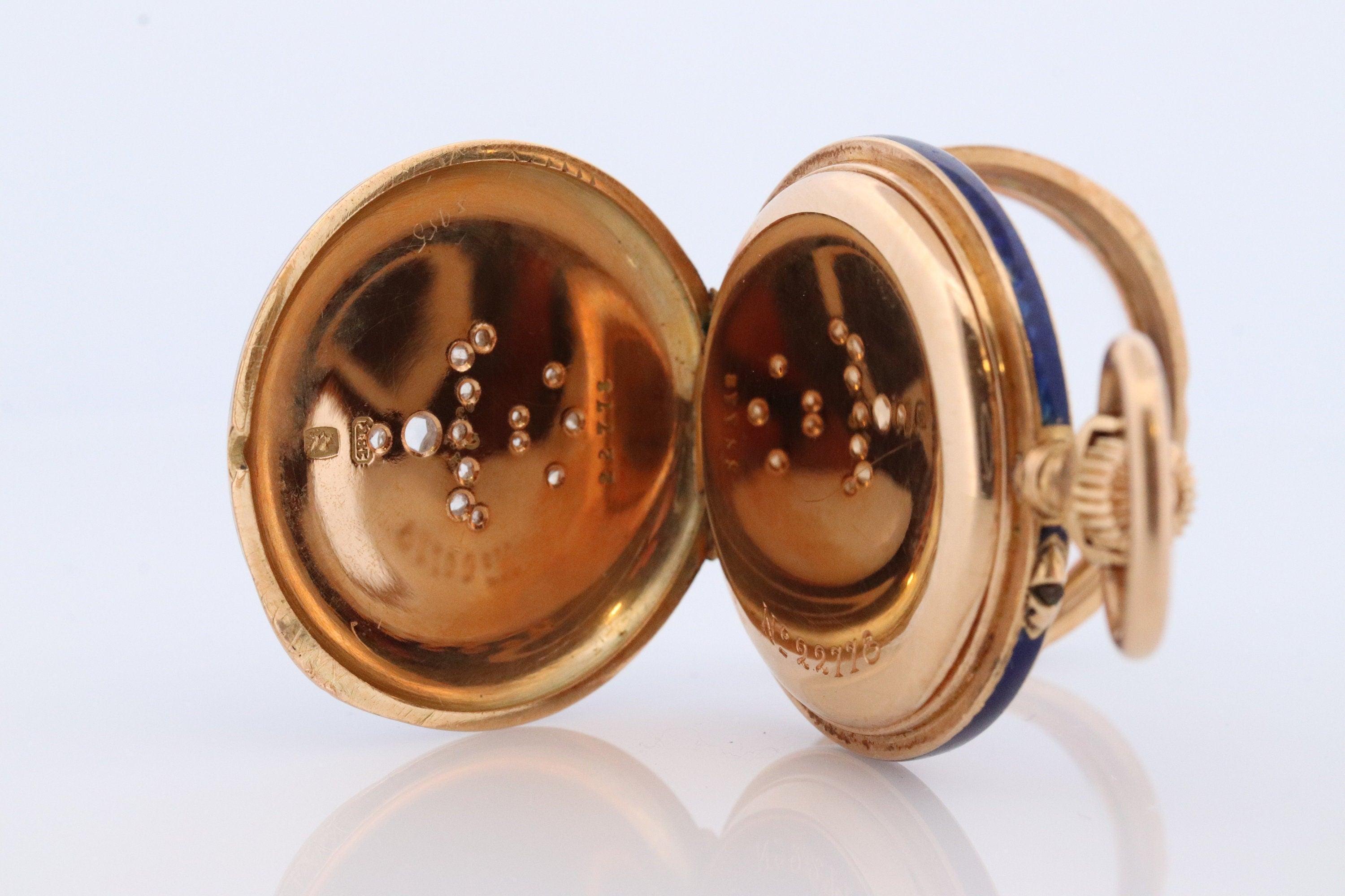 Women's 18k Gold Pocket Watch. Antique Blue enamel rose cut diamonds. Fleur de Lis WORKS