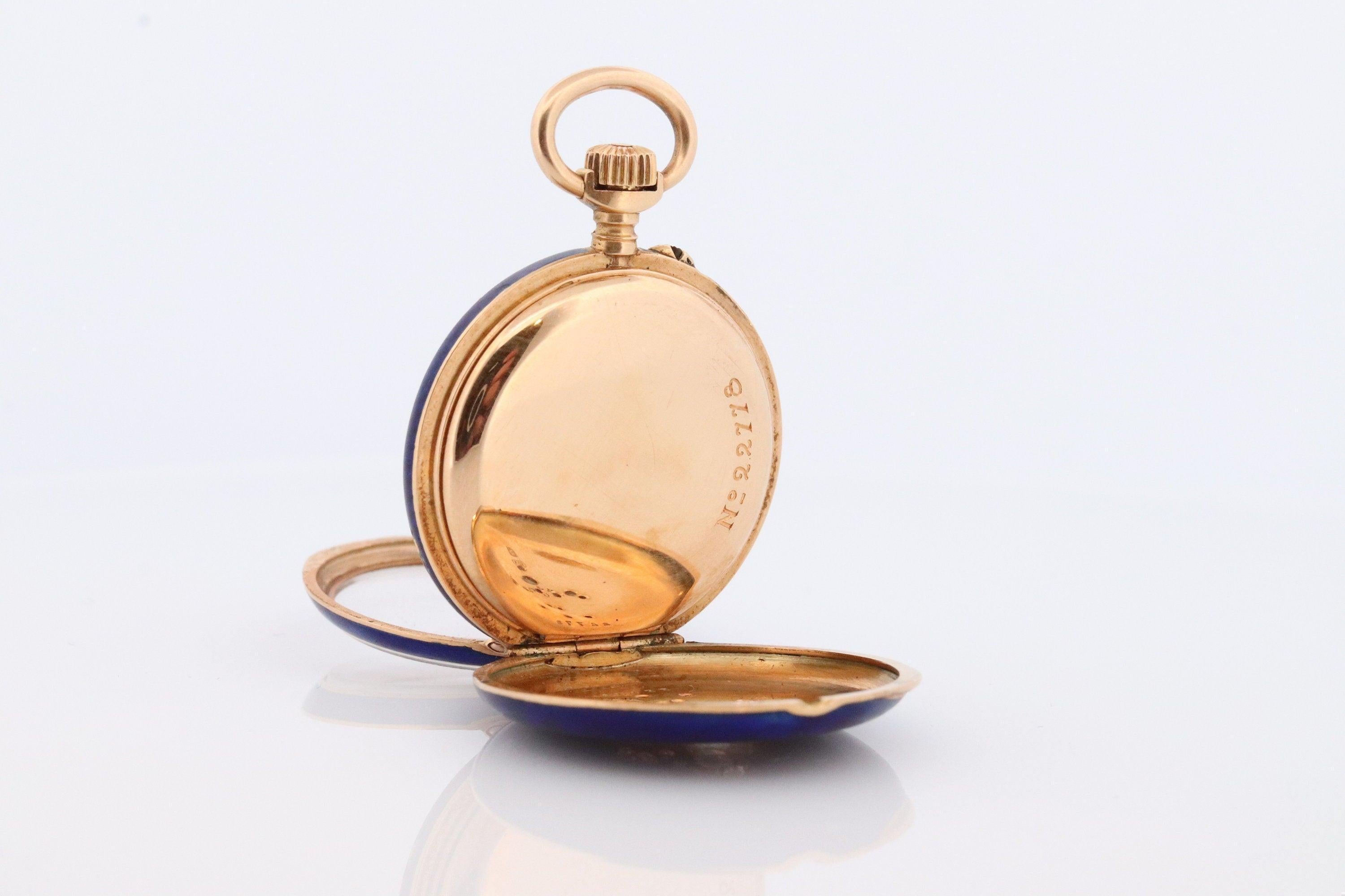 18k Gold Pocket Watch. Antique Blue enamel rose cut diamonds. Fleur de Lis WORKS 1