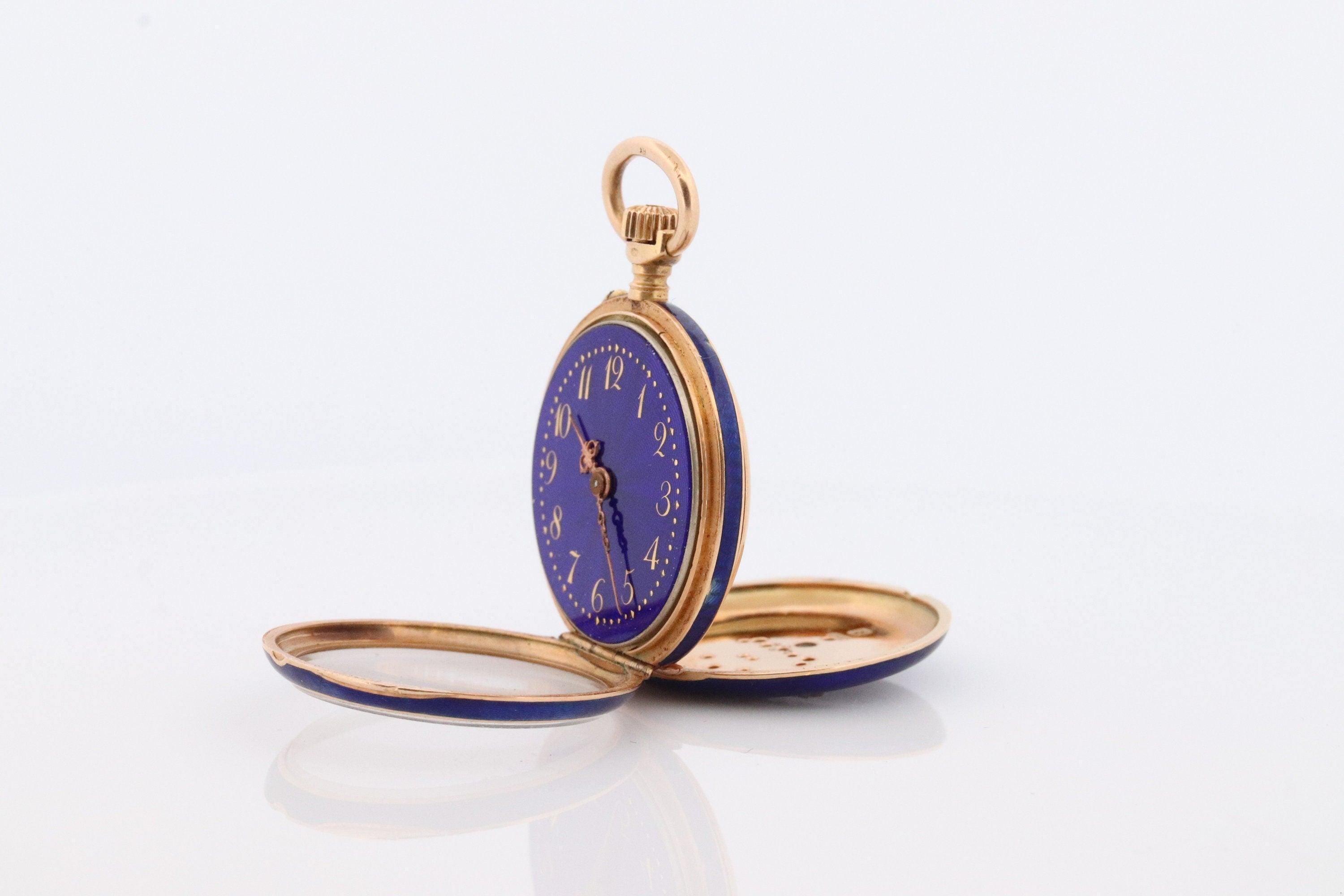 18k Gold Pocket Watch. Antique Blue enamel rose cut diamonds. Fleur de Lis WORKS 2