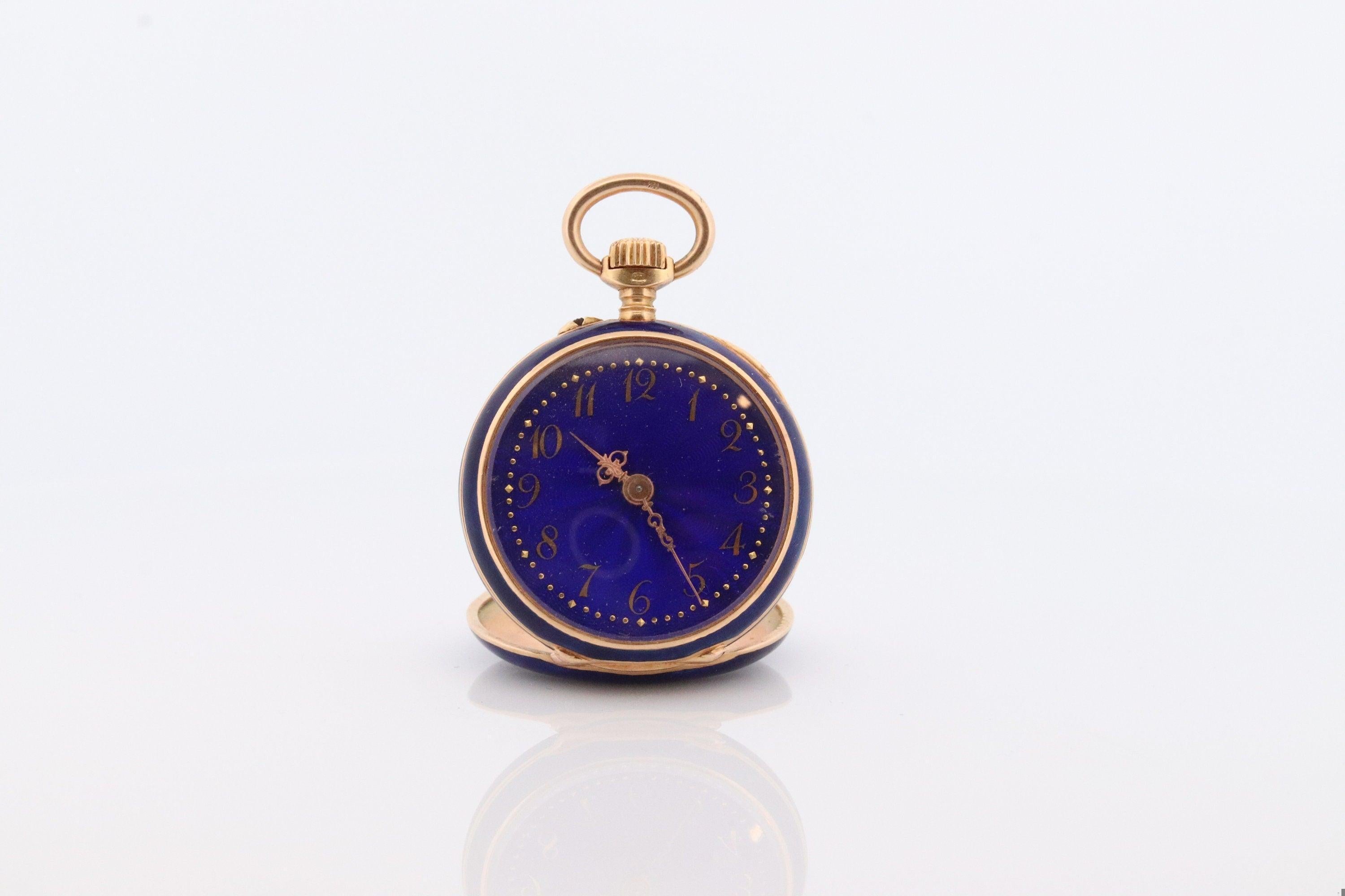 18k Gold Pocket Watch. Antique Blue enamel rose cut diamonds. Fleur de Lis WORKS 3