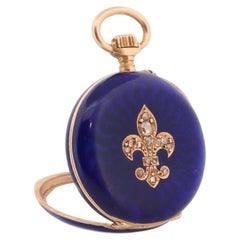 18 Karat Gold Taschenuhr. Antike blaue Emaille Diamanten im Rosenschliff. Fleur De Lis WORKS