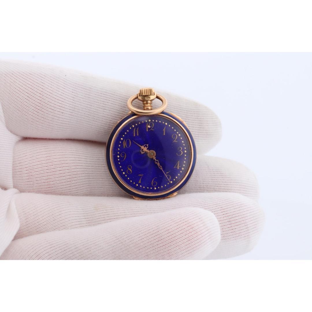 Reloj de bolsillo de oro de 18 quilates. Esmalte azul antiguo con diamantes talla rosa. Flor de Lis 5