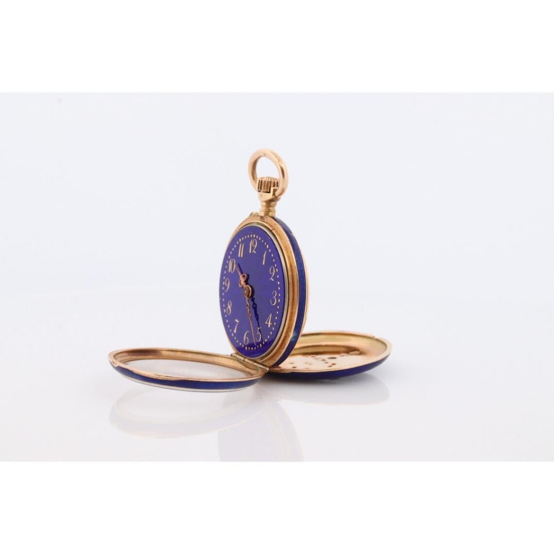 Reloj de bolsillo de oro de 18 quilates. Esmalte azul antiguo con diamantes talla rosa. Flor de Lis 1