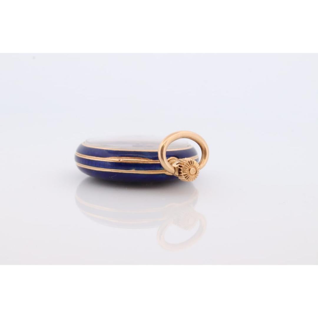 Reloj de bolsillo de oro de 18 quilates. Esmalte azul antiguo con diamantes talla rosa. Flor de Lis 3