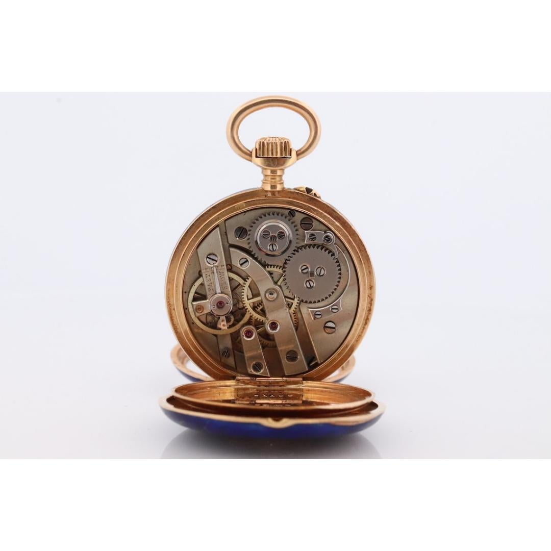 Reloj de bolsillo de oro de 18 quilates. Esmalte azul antiguo con diamantes talla rosa. Flor de Lis 4