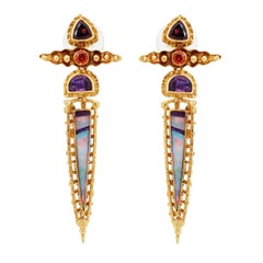 18k Gold Pointed Drop Earrings with Opal, Amethyst, Garnet and Citrine