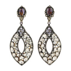 18K Gold Polki Rose Cut Diamond With Tanzanite Marquise Dangle Earrings