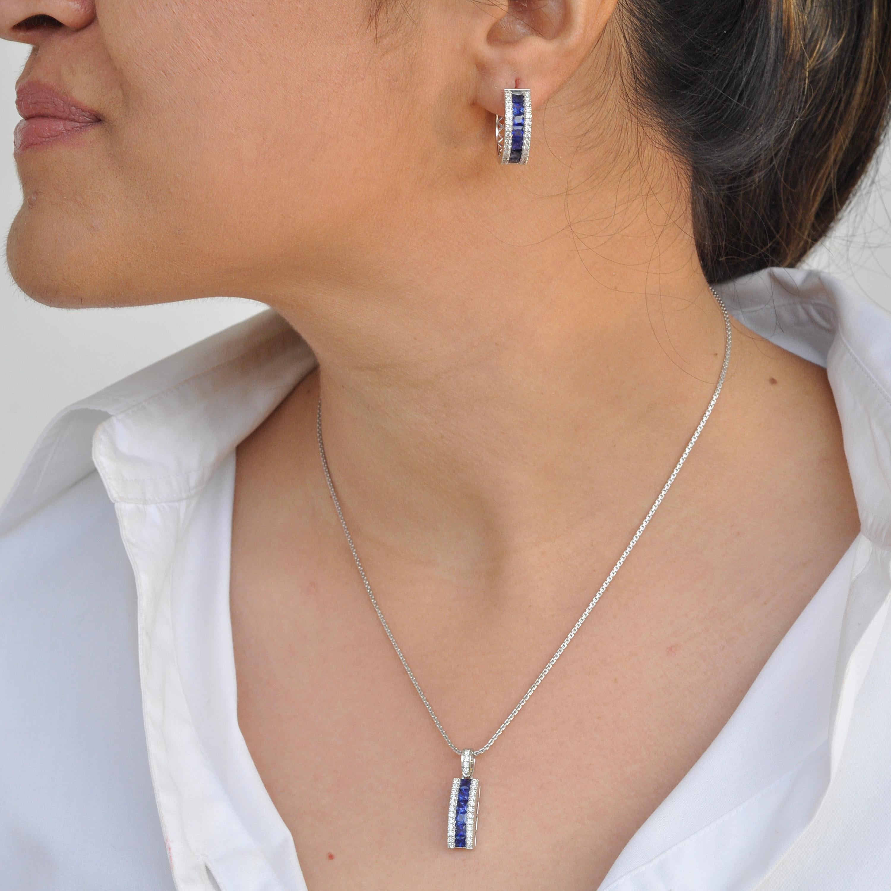 Women's 18K Gold Princess Cut Blue Sapphire Diamond Pendant Earrings Ring Set