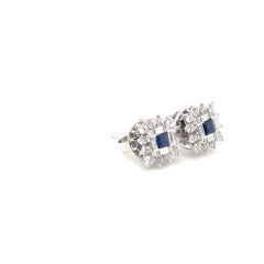 18k Gold Princess-Cut Sapphire Cts 0.19 Diamond Baguette Earrings
