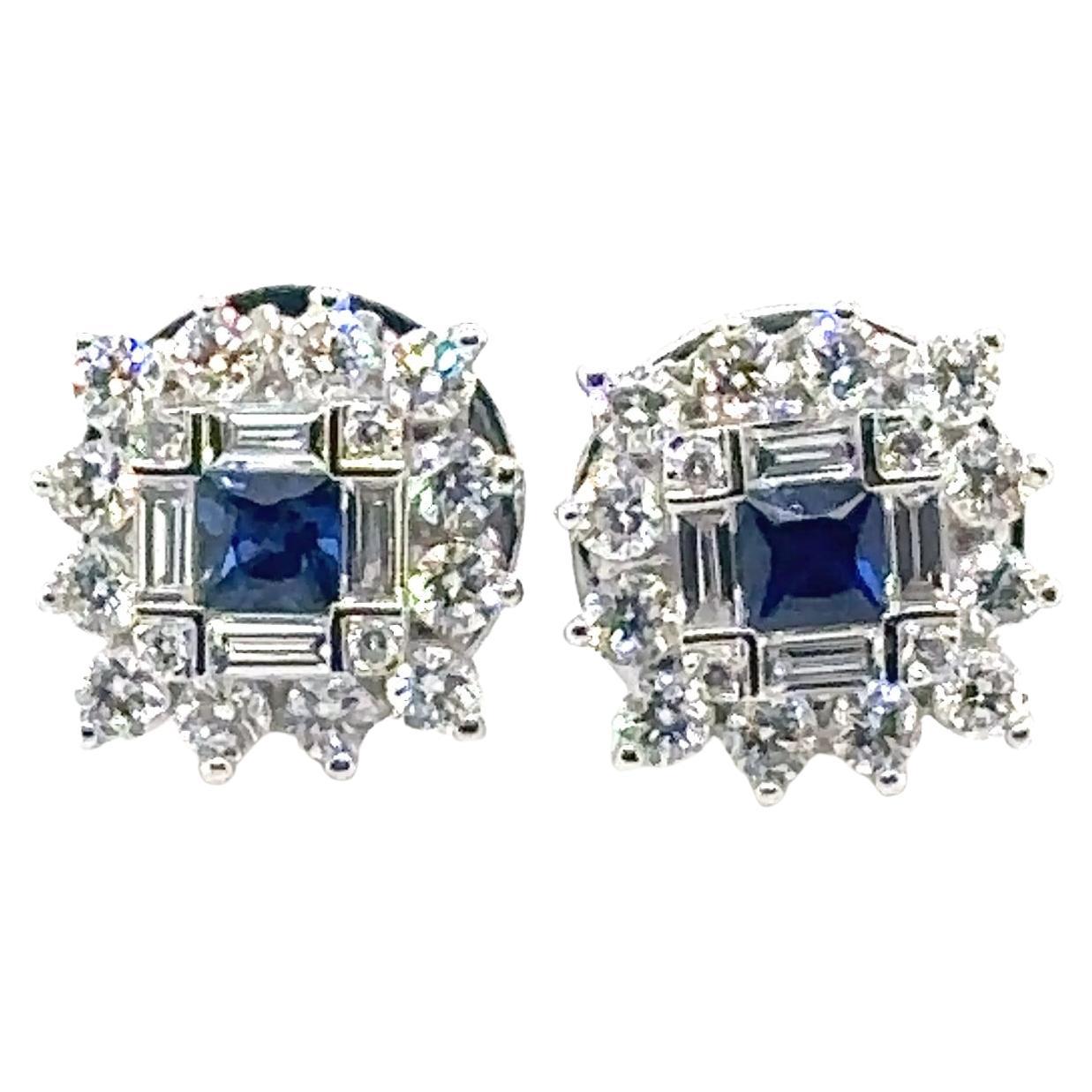 18k Gold Princess-Cut Sapphire Cts 0.19 Diamond Baguette Earrings For Sale
