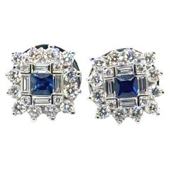 18k Gold Princess-Cut Sapphire Cts 0.19 Diamond Baguette Earrings 18k Gold Princess-Cut Sapphire Cts 0.19 Diamond Baguette Earrings