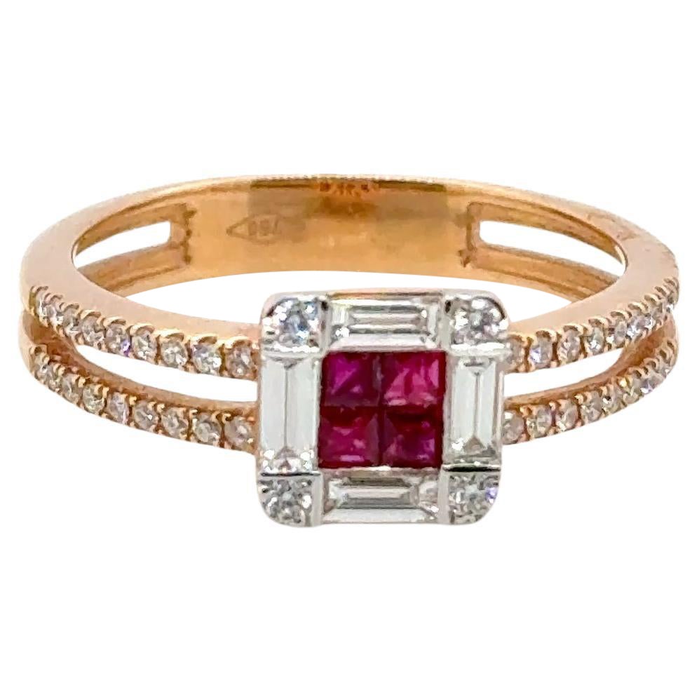 18k Gold Princess‑Cut Burmese Ruby Cts 0.23 and Diamond Halo Engagement Ring For Sale