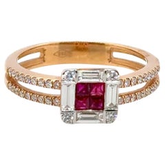 18k Gold Princess‑Cut Burmese Ruby Cts 0.23 and Diamond Halo Engagement Ring