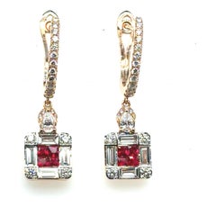 18k Gold Princess‑Cut Burmese Ruby Cts 0.44 and Diamond Baguette Earrings