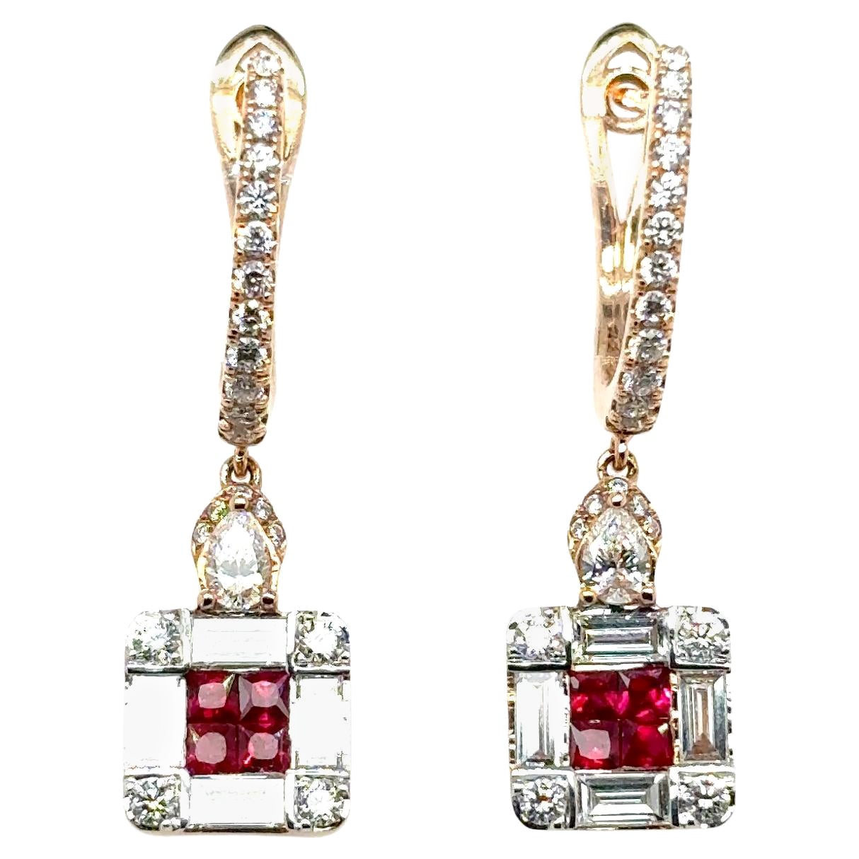 18k Gold Princess‑Cut Burmese Ruby Cts 0.44 and Diamond Baguette Earrings For Sale