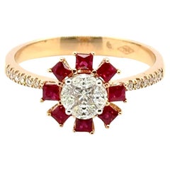18k Gold Princess‑Cut Burmese Ruby Cts 0.45 South African Diamond Flower Ring
