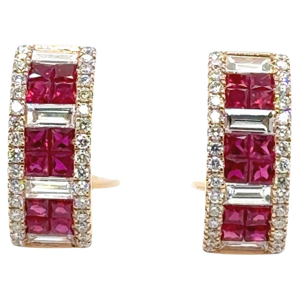18k Gold Princess‑Cut Burmese Ruby Cts 1.58 and Diamond Baguette Earrings