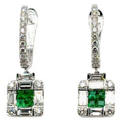 18k Gold Princess‑Cut Colombian Emerald Cts 0.39 and Diamond Baguette Earrings