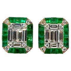 Esmeralda de Zambia de 0,93 quilates con corte princesa, en oro de 18 quilates, con diamantes redondos y en forma de baguette